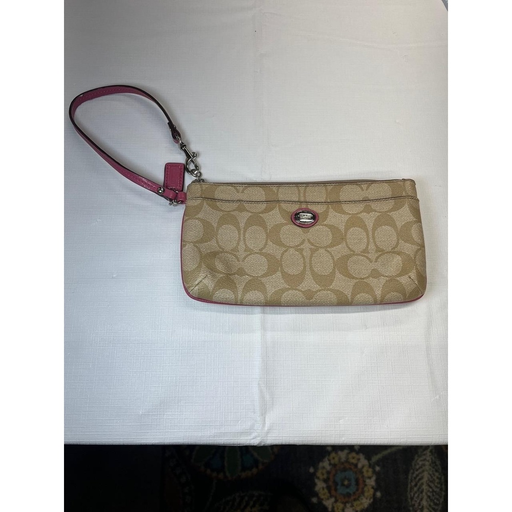 Coach‎ Tan Pink Womens Monogram Double Zip Card Slots Wristlet Wallet